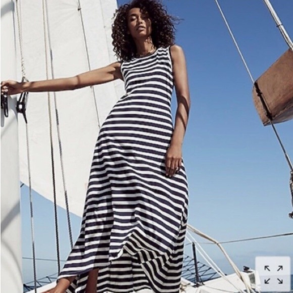 J CREW -  Breton Stripe nautical sleeveless cotton knit Hi-Low Maxi Dress Small - Picture 1 of 8